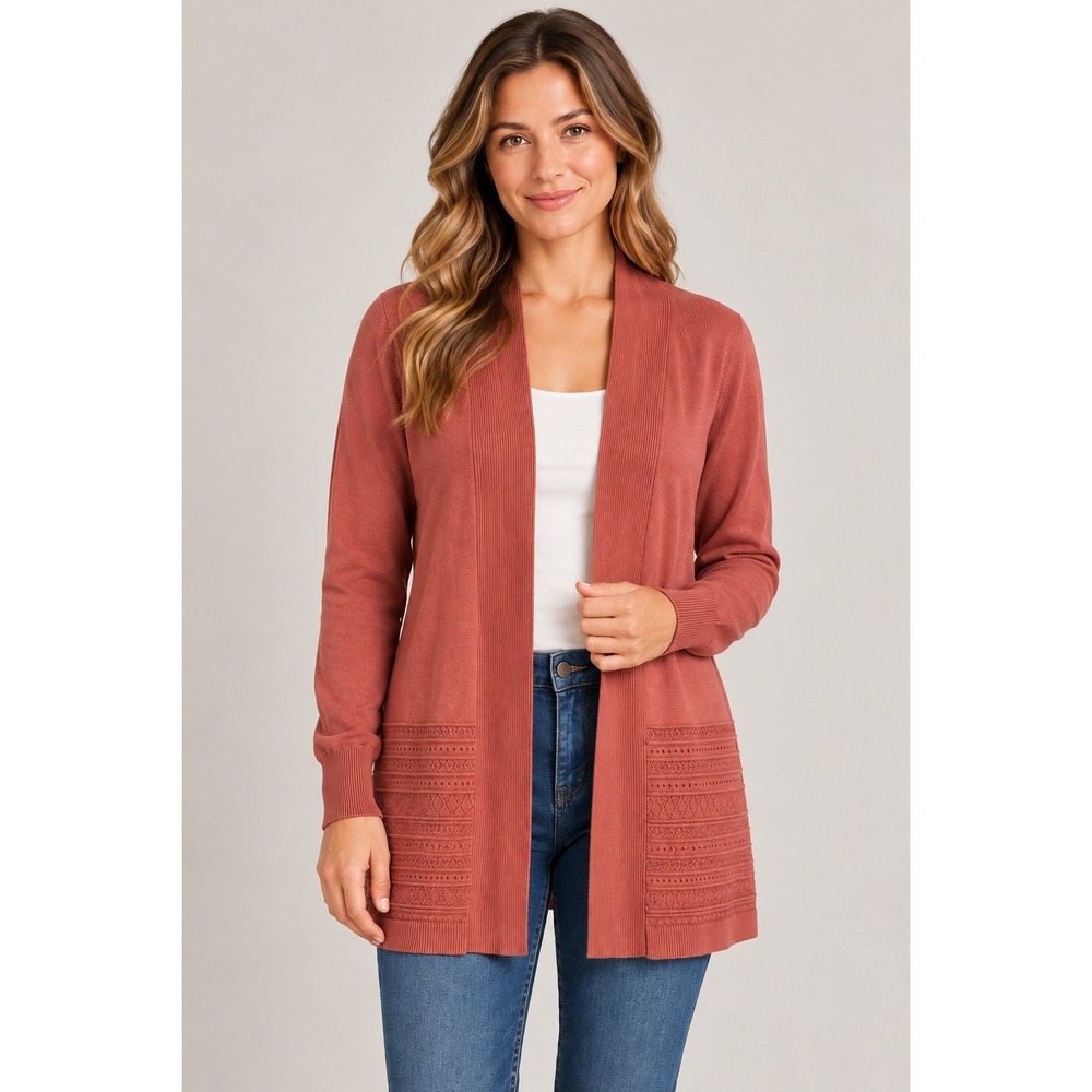 Lety & Me Women's Open Front Cardigan Gabby Pointelle Coral S Small New